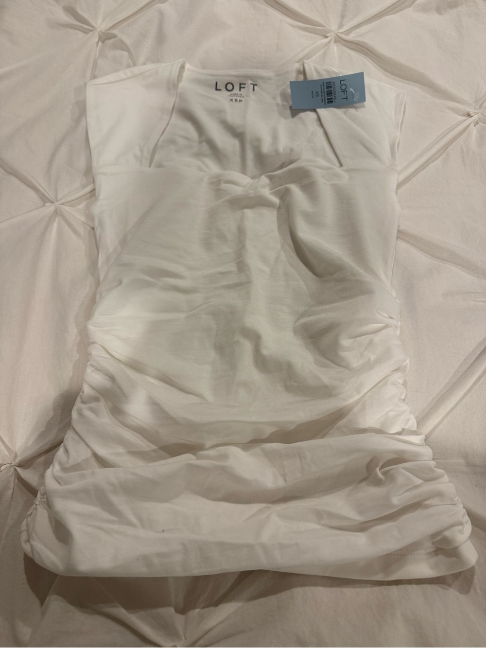 LOFT White Ruched Bodycon Cap Sleeve Top